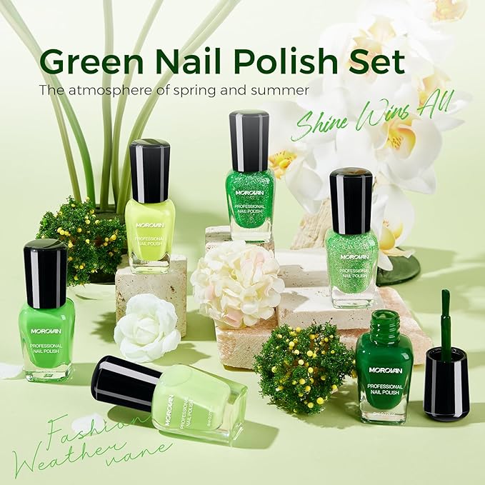 Morovan Green Nail Polish Set: Glitter Emerald Dark Green Spring Summer Fingernail Polish Kit Neon Lime Flash Air Quick-Dry Nail Polish Pack for Nail Art Manicure Gift Holiday Party for Women Girls