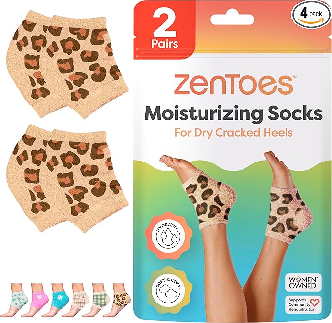 ZenToes Moisturizing Socks for Cracked Heel Treatment, Vitamin E, Olive Oil and Jojoba Oil Infused Heel Socks, Galentines Day Gifts, Self Care Gifts for Women (Cheetah, Regular)