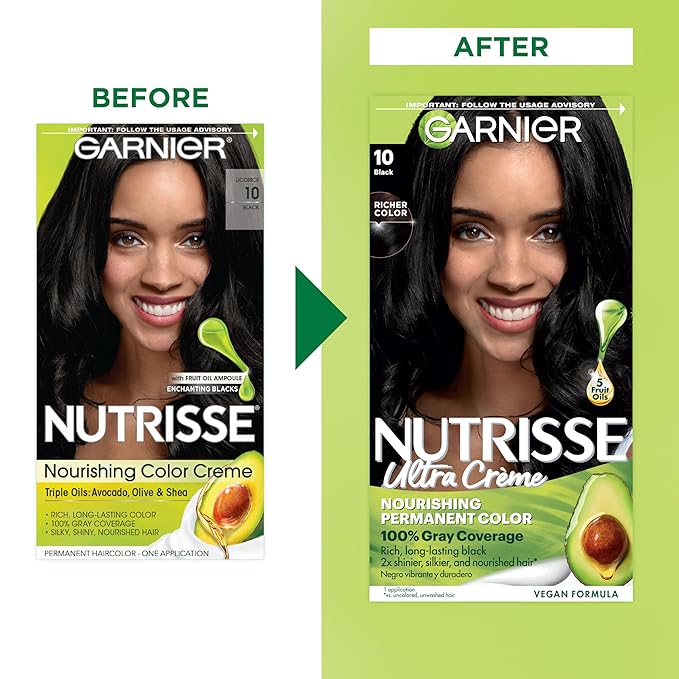 Garnier Hair Color Nutrisse Nourishing Creme, 10 Black (Licorice) Permanent Hair Dye, 1 Count (Packaging May Vary) (Pack of 2)