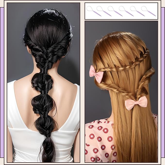Teenitor 4pcs Pony Tail Hair Tools: 2 Pairs Pony Styling Loop, Pull Through & French Braiding Accessories for Women & Girls - Light Purple/White