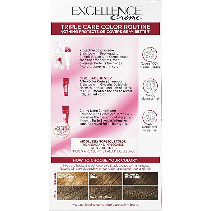 L'Oreal Paris Excellence Crème Permanent Hair Dye, Triple Care Hair Color with Hyaluronic Acid for 100% Gray Coverage, 6A Light Ash Brown, 1 Kit (Packaging May Vary)
