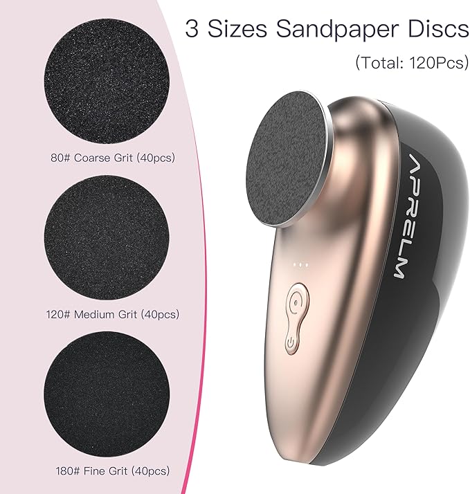 Rechargeable Electric Foot Callus Remover with 3-Sizes 120Pcs Sandpapers, Professional 1000RPM Electric Foot File with Organizer, Pedicure Tools Gifts for Women Men (E5 Black-Gold)