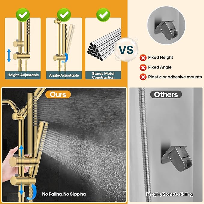 Hombeter Filtered Shower Head with Handheld Spray Combo High Pressure Rain Shower Head Dual Shower Head with Filters - Removes Chlorine Height Adjustable & Built-in Power Wash (Gold)