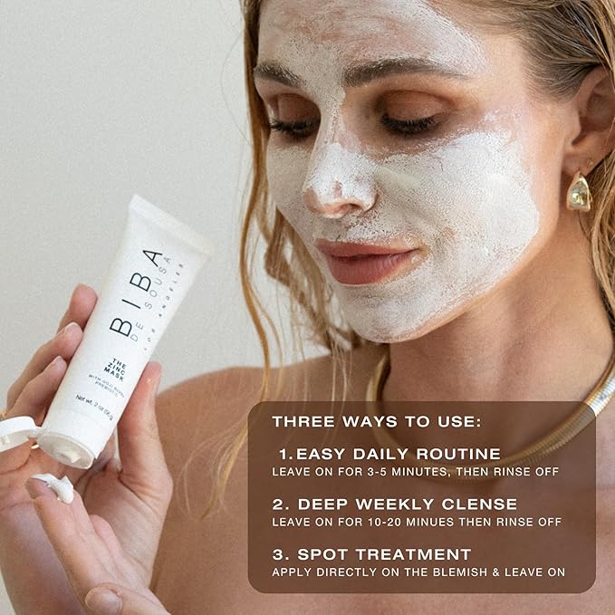 Biba De Sousa The Zinc Mask with Goji Berry Prebiotic - Gentle Pore Purifying Facial Mask - For all Skin Types & Tones - Microbiome Support - Superfruit Blend (2oz)