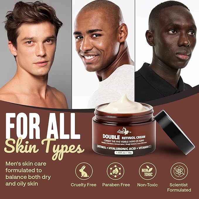 Men’s Double Retinol Face Cream – Reduces Wrinkles, Anti-Aging Moisturizer | Collagen + Hyaluronic Acid + Vitamin E | Fine Lines & Improves Firmness | Eye Bags & Dark Spot Remover | 30g