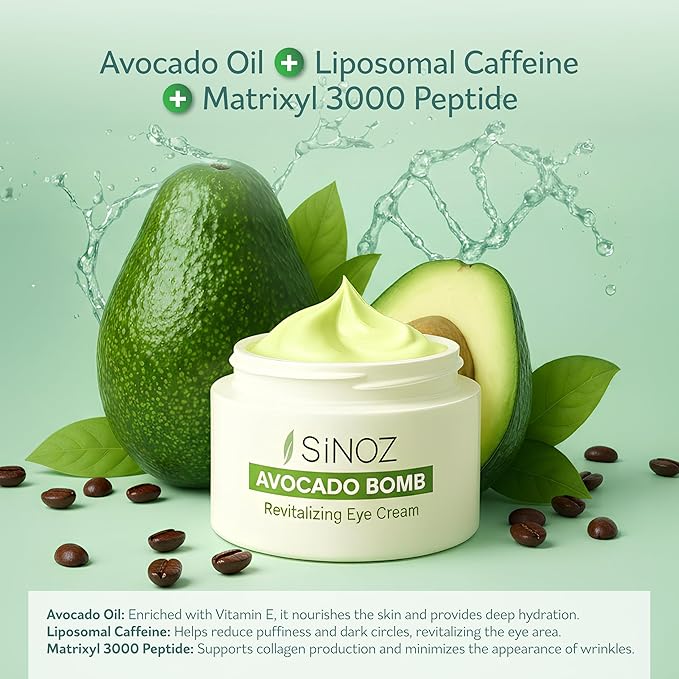 sinoz Avocado Caffeine Eye Cream for Dark Circles & Puffiness, Lightweight Under Eye Moisturizer, Vegan Daily Care, 0.5 fl oz (15 ml)
