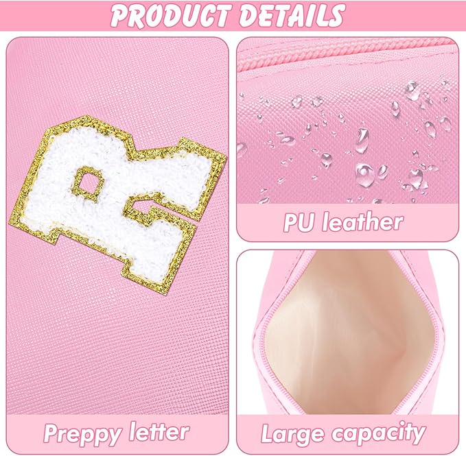 URSKYTOUS Initial Makeup Bag for Women Travel Small Cosmetic Bag Personalized Preppy Chenille Letter Waterproof Pink Makeup Pouch for Purse Monogram Toiletry Bag with Zipper PU Leather Makeup Case（R）