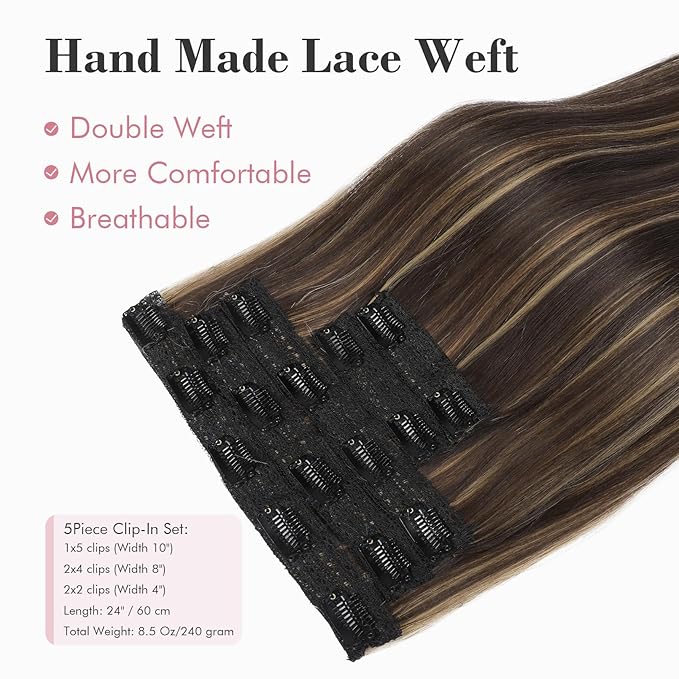 REECHO Clip in Hair Extensions, Hair Extensions Thick Long Lace Weft Lightweight Synthetic Hairpieces for Women (24 Inch-240 Gram(Pack of 5), Dark Brown with Highlights)