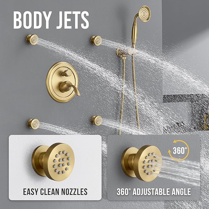 DASAN Antique Shower Faucet Sets Complete Rain Shower System in Wall with Body Shower Spray Jets, Brushed Gold Shower Fixtures with 9'' Rainfall Overhead Shower, Handheld, Valve & Trim Kit, AT249W-BTG