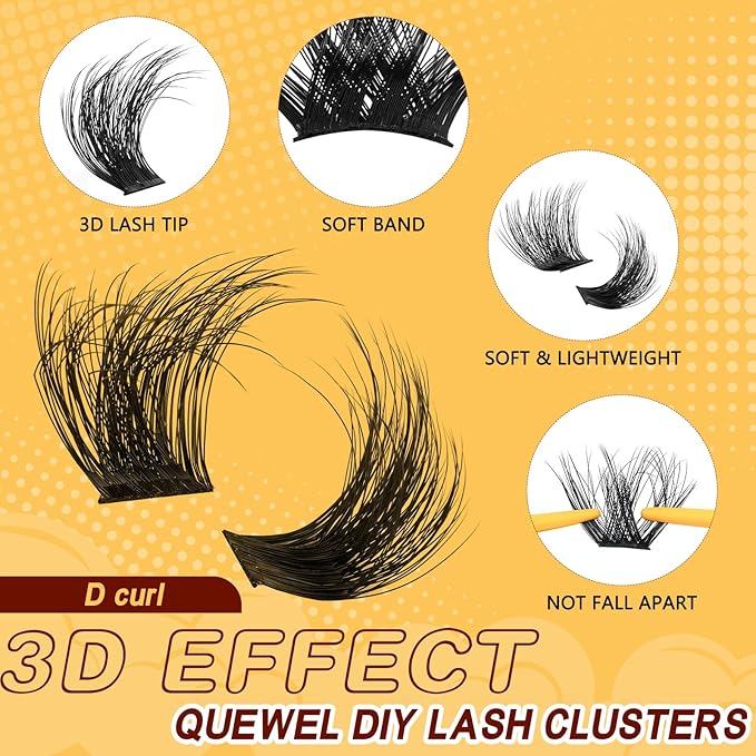 QUEWEL Lash-Clusters-Kit, DIY Lash Extension Kit 3D Effect Lash-Clusters Mix 10-18mm Eyelash Clusters with Lashes Bond and Seal Eyelash Tweezers (3D Cloud A Kit)
