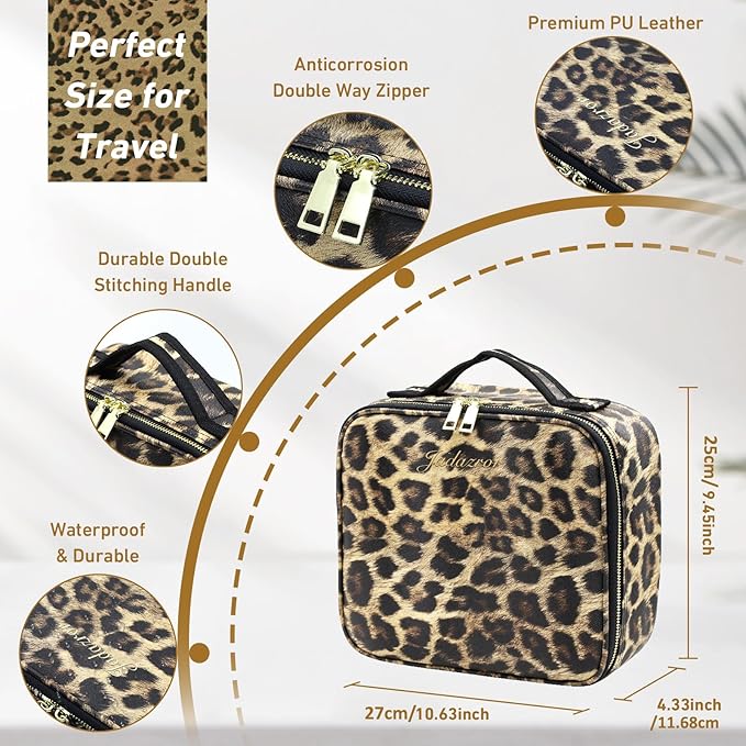 Jadazror Makeup Bag with Light Up Mirror, Lighted Travel Makeup Organizer 3 Colors Adjustable Brightness, Makeup Bag with Mirror and Light, Travel Train Case Portable Cosmetic Bag for Women(Leopard)