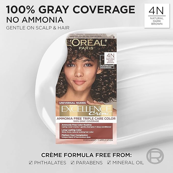L’Oreal Paris Excellence Universal Nudes Permanent Hair Color, Ammonia Free Hair Dye for Gray Hair Coverage, 4N Natural Dark Brown, 1 Kit (Pack of 2)
