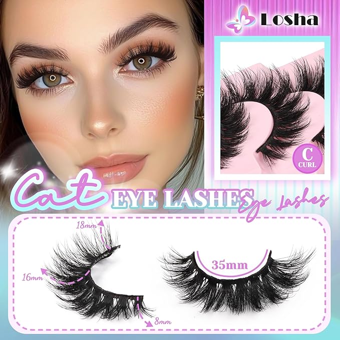 Losha Lashes Volume False Eyelashes Fluffy Cat Eye Lashes 7 Pairs Crisscross Lashes Strips 8-18mm Thick Fake Eyelashes 3D Faux Mink Lashes (FC03)