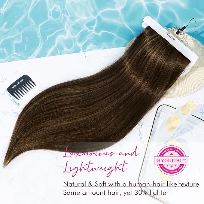 REECHO 28" Straight Long 4 PCS Set Thick Clip in on Hair Extensions -Dark Brown with Highlights