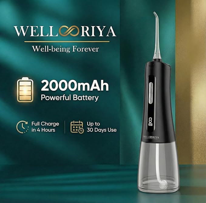 Wellooriya Cordless Water Flosser for Teeth – 300mL Large Tank, 9 Pressure Levels, LED Display, USB-C Rechargeable, IPX7 Waterproof Dental Oral Irrigator for Home & Travel (Black)