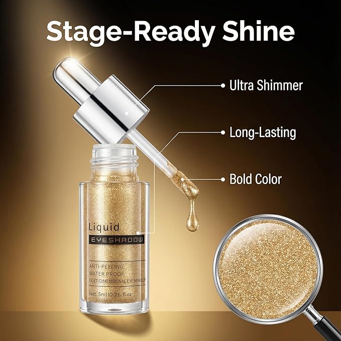 Champagne Gold Shimmer Liquid Eyeshadow, Longwear Waterproof Eye Shadow Cream,Buildable Highly Pigmented Blendable Eye Makeup,Vegan Cruelty-Free Paraben-Free for Older Women Stage makeup 03#