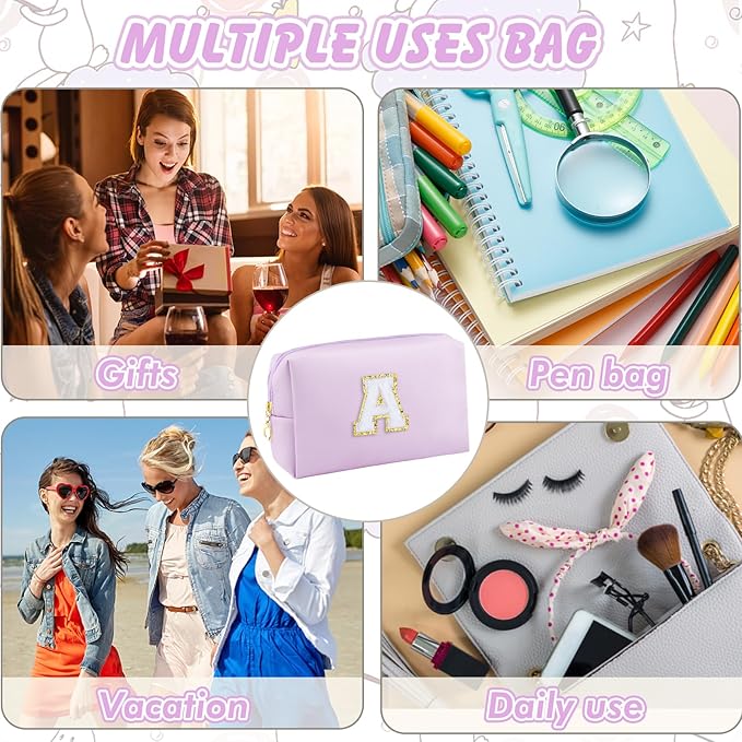 URSKYTOUS Gifts for Girls Initial Makeup Bag Personalized Cosmetic Bag with Zipper Cute Travel Toiletry Bag Waterproof PU Preppy Makeup Pouch Birthday Gift for Teen Girls Women(Purple A)