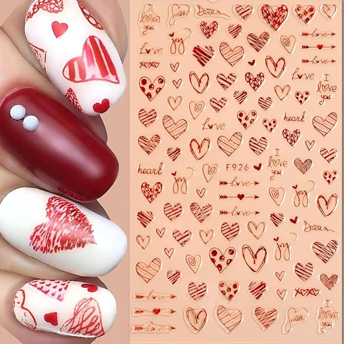 8 Sheets Red Heart Nail Art Stickers Valentine's Day Nail Decals 3D Self-Adhesive Pegatinas Uñas Red Heart Love Nail Supplies Nail Art Design Decoration Accessories for Women