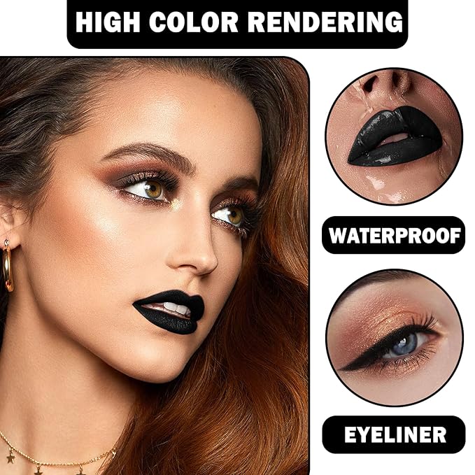 Matte Black Lipstick Lip Liner Set Black Liquid Lipstick Lip Tint Stain High Pigmented Black Lip Liner and Lip Gloss Set for Halloween Christmas Cosplay Goth Makeup