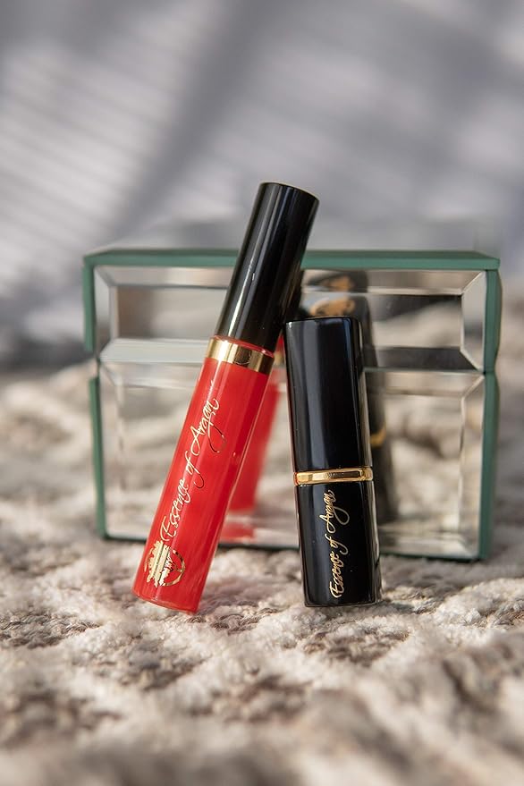 Essence Of Argan Lip Care Bundle - Moisturizing Deep Red Lipstick & Nourishing Lip Gloss with Organic Moroccan Argan Oil - Voluptuous Sexy Lips - Sun Protection, Long Lasting & Colorful Lip Balm Set