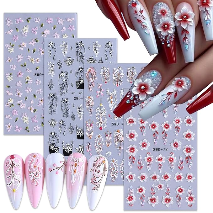 4 Sheets Flowers Nail Stickers 3D Self Adhesive Floral Nail Art Stickers Design Spring Summer Floral Leaf Plant Nail Supply Flower Nail Decals for Women Girls DIY Manicure Decoration