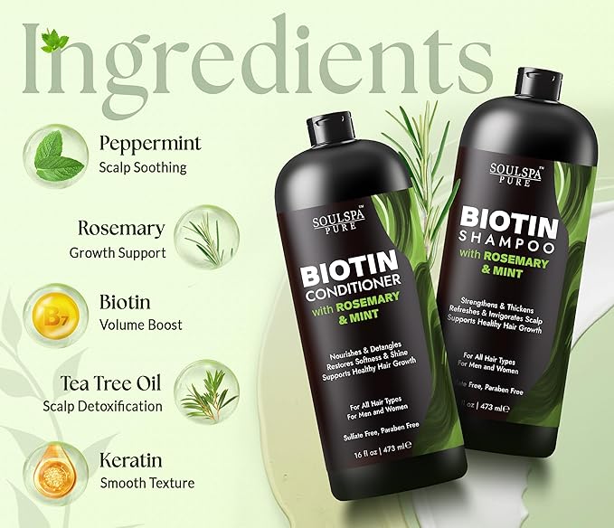 SOULSPA PURE Biotin Shampoo and Conditioner Set for Men & Women | 16 fl oz Each | with Rosemary & Mint | Sulfate Free Hydrating & Strengthening Hair Care for Thinning, Color-Treated & Dry Hair