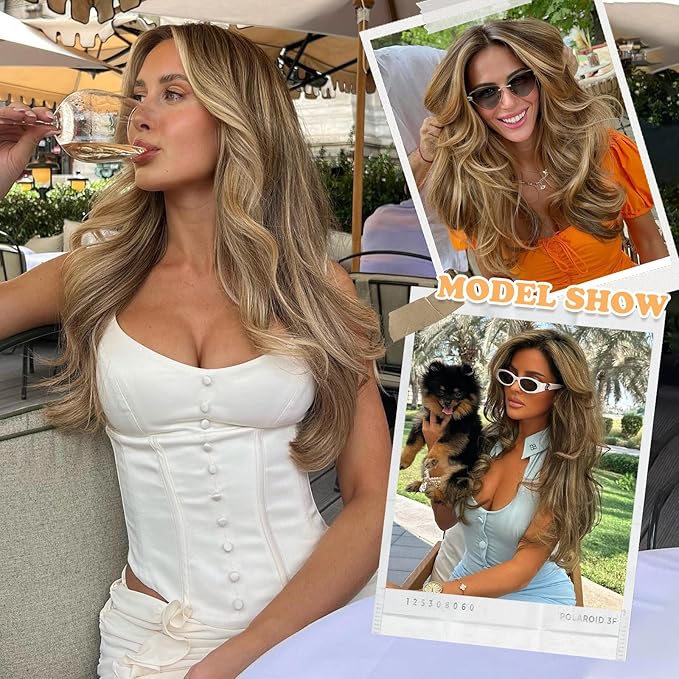 ALXNAN Long Wavy Layered Hair Extensions for Women, Clip in Hair Extensions Clip Ins Soft Full Head Synthetic Hairpieces 20 Inch Medium Brown mix Ash Blonde