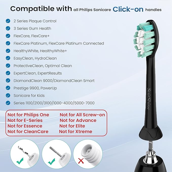 Replacement Toothbrush Heads Compatible with Philips Sonicare and More Click-on Handles 8 Pack Black