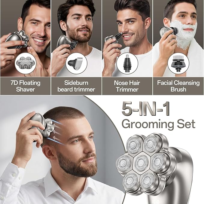 Electric Razor for Men, 7D Magnetic Detachable Electric Head Shaver, IPX7 Waterproof Wet Dry Bald Body Head Shaver, 5-in-1 Head & Body Hair Shavers for Men, for Beard Trimmer,Nose Trimmer, Head (Gray)