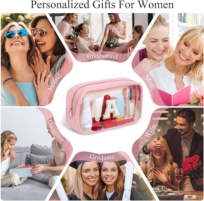YOOLIFE Valentines Day Gifts for Teenage Girls Teacher Gifts Initial Clear Makeup Bag Birthday Gift Travel Toiletry Cosmetic Bags Birthday Gift Travel Essentials Pink A