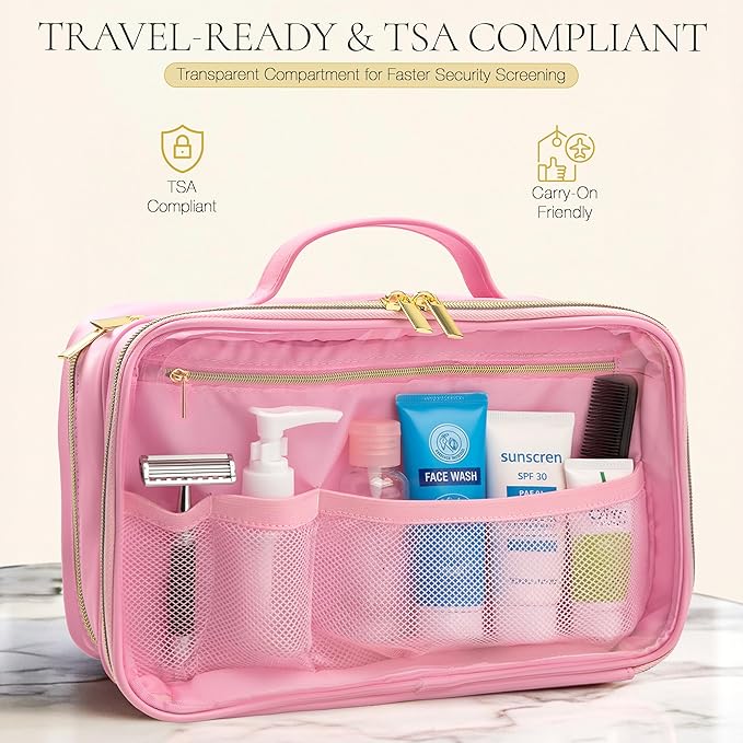 OPEAL Women’s Travel Makeup Organizer – Waterproof Modular Cosmetic Case with Compartments, Elegant Toiletry Bag for Carry-On & Daily Essentials, Pink