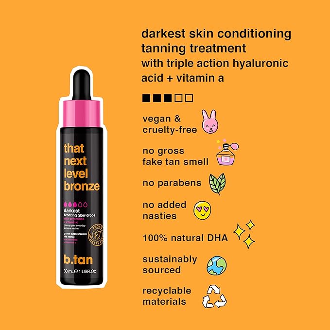 b.tan Dark Self Tan Drops for Face & Body | That Next Level Bronze - Darkest Gradual Self Tanner Bronzing Glow Drops, Vegan, Cruelty Free, 1.0 Fl Oz