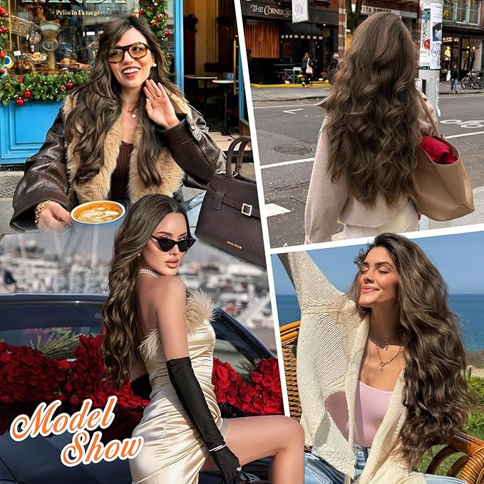 ALXNAN Clip in Hair Extensions for Women,Chocolate Brown with Dark Brown Long Wavy Hair Extensions Clip Ins 4PCS 20 Inch Synthetic Soft and Natural Thick Hair Pieces for Women