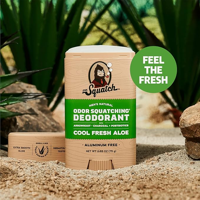 Dr. Squatch Natural Men’s Deodorant – Aluminum Free Natural Deodorant Men with Charcoal & Postbiotics for 72-Hour Odor Protection – Cool Fresh Aloe, 2.65oz Stick (3-Pack)