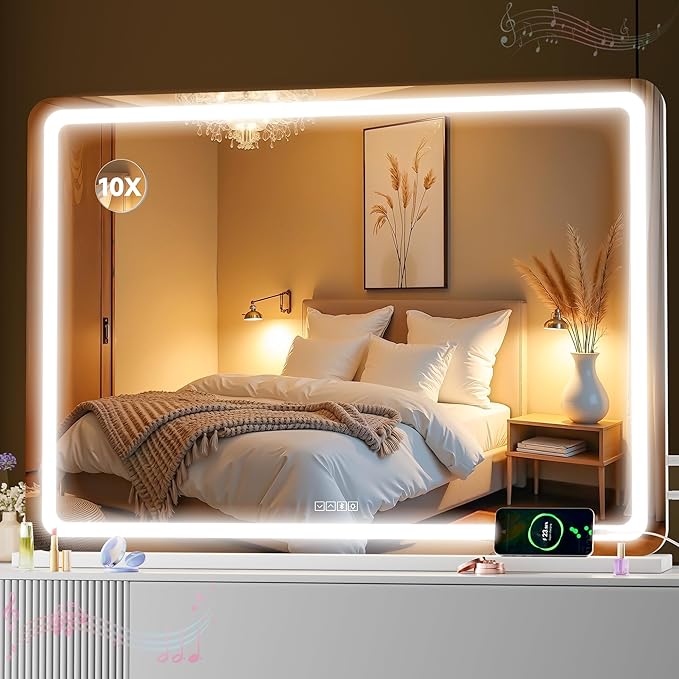 MINISO Vanity Mirror with Lights,41.3"x29.5"LED Makeup Mirror with Bluetooth Speaker,Touch Sensor,3 Light Colors,Dimmable,Metal Frame,with 10X Magnifying Glass,Rectangular White