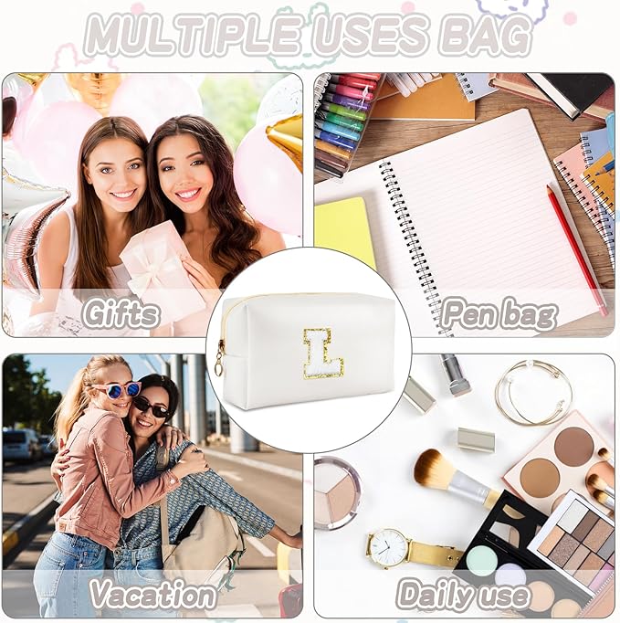 URSKYTOUS Gifts for Girls Initial Makeup Bag Personalized Cosmetic Bag with Zipper Cute Travel Toiletry Bags Waterproof PU Preppy Makeup Pouch Birthday Gift for Teen Girls Women(White L)