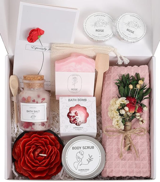 Coralogo Rose Spa Gifts for Women - 12pc Self-care Spa Gift Basket with Scented Candle, Bath Salt, Greeting Card - Thinking of You Basket for Her Birthday, Christmas, Mother's Day, Valentine's Day