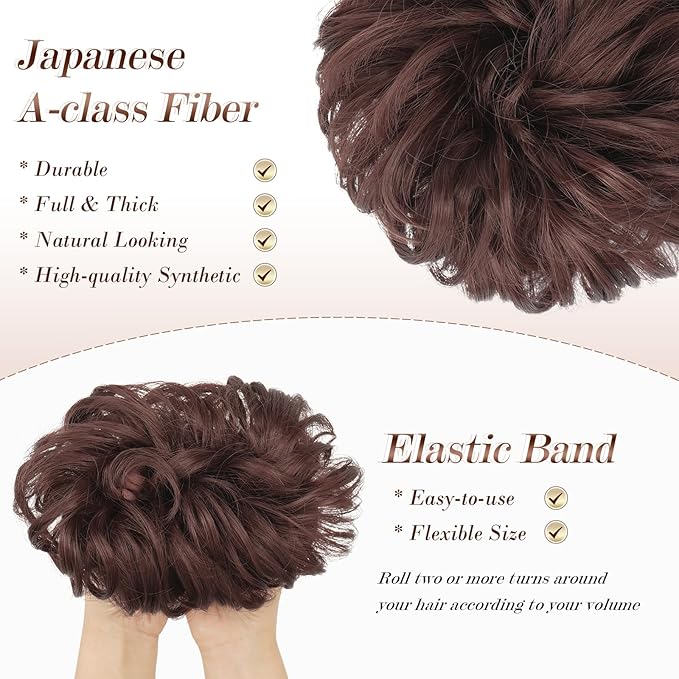 FESHFEN Messy Bun Hair Piece - Wavy Synthetic Chignon Scrunchies for Instant Volume, Elastic Bun Ponytail Hair Extensions Thick Hairpieces for Women, Dark Auburn 1.50 oz