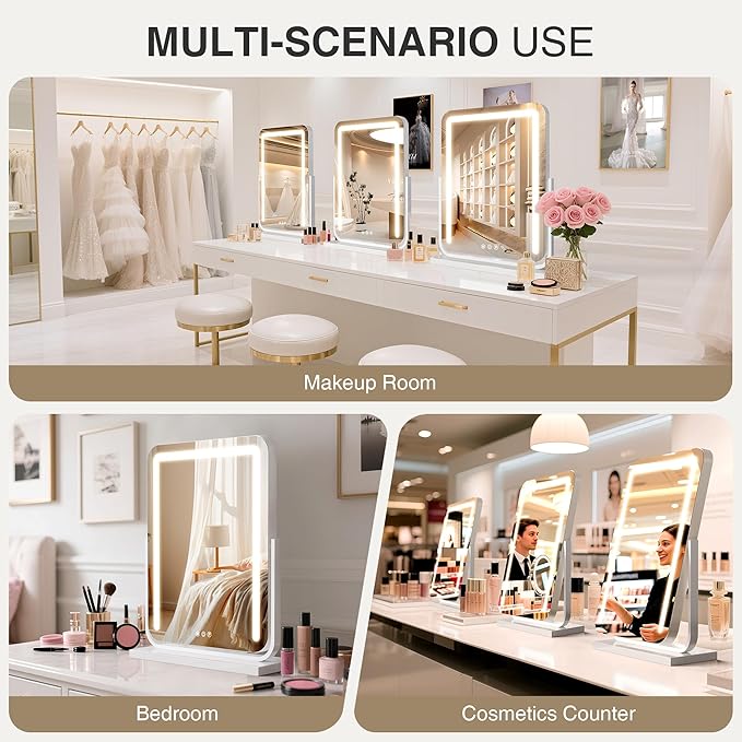 Lighted Makeup Mirror with Lights,Dimmable Touch Control Vanity Mirror for Desk/Bedroom, 360° Rotation,3 Color Modes for Flawless Application - Ideal Gifts for Her (White)