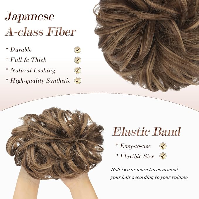 FESHFEN Messy Bun Hair Piece - Elastic Wavy Curly Hair Bun Scrunchies Extensions Synthetic Chignon Hairpieces for Women Girls, Brown Mixed Honey Blonde 1.5 oz