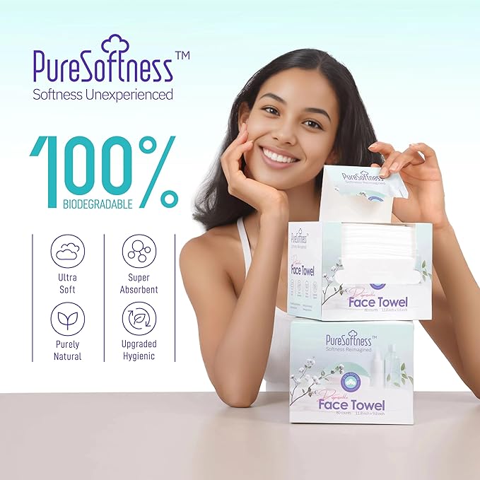 PureSoftness Luxuriously Soft Disposable Face Towel, 100% Cotton, Extra Large 12" x 10" Ultra Soft Dry Wipe for Face Wash, Makeup Remover, Bio-Based Towelette for Sensitive Skin 320 Count (4 Pack)