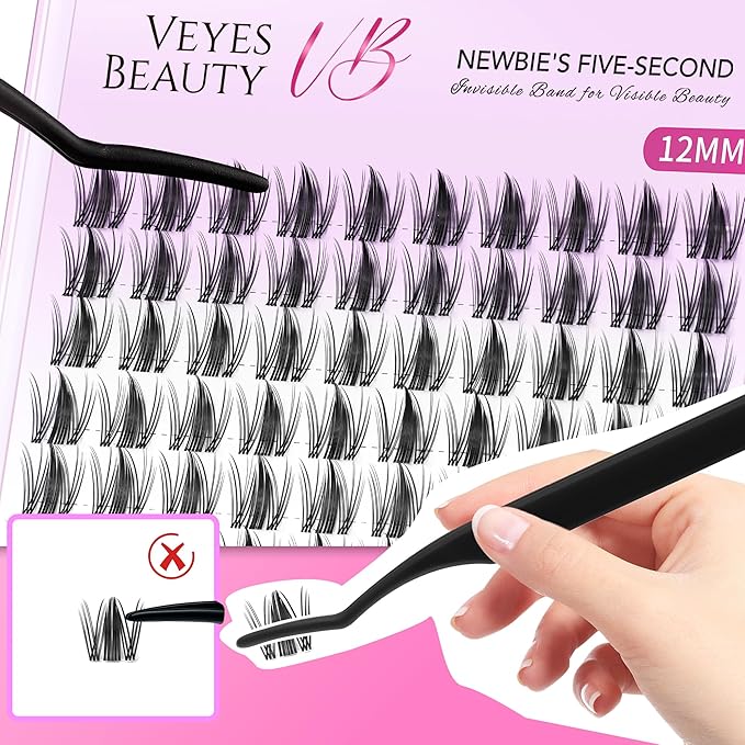 VEYESBEAUTY Lash Clusters Eyelash Extensions Thin & Invisible Band DIY Individual False Eyelashes Newbie's Five-Second Series Wispy Lash Tray for Self-application, Manga Lashes12mm Length