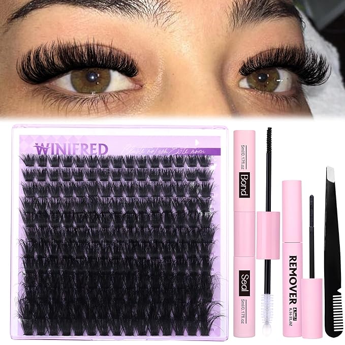 Winifred Lashes Extension Kit Thick Lash Clusters Kit 100D Volume Wispy Lash Clusters Mink Individual Lashes Kit DIY Lash Bond and Seal Lash Remover Lash Tweezers