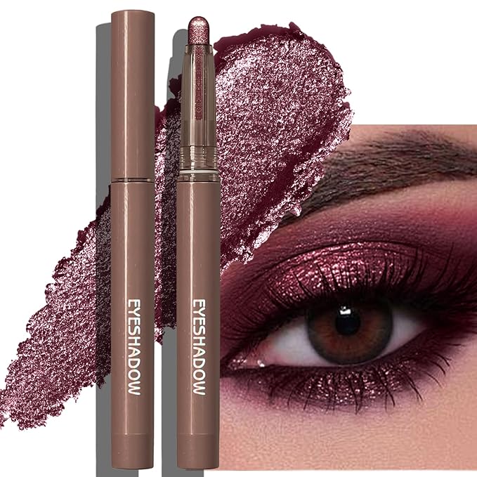 Shimmer Eyeshadow Stick, Plum Mauve Metallic Glitter Eyeshadow Stick Waterproof Cream Eye Shadow Crayon, Multi-Use Eyeliner Pencil Makeup Color Shift Sparkle Holographic Eye Brightener