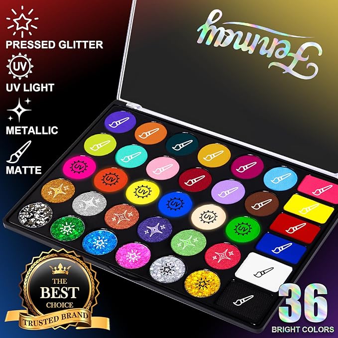 Face Painting Kit for Kids, 36 Colors XL Face Paint Makeup Palette, Non-Toxic and Hypoallergenic| with Stencils, Book, Easy to Use and Safe for Kids, Fun for Halloween, Party, School Event