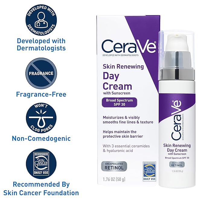 CeraVe Anti-Aging Face Cream SPF 30, Anti-Wrinkle Retinol Cream with Hyaluronic Acid and Ceramides, 1.76 oz