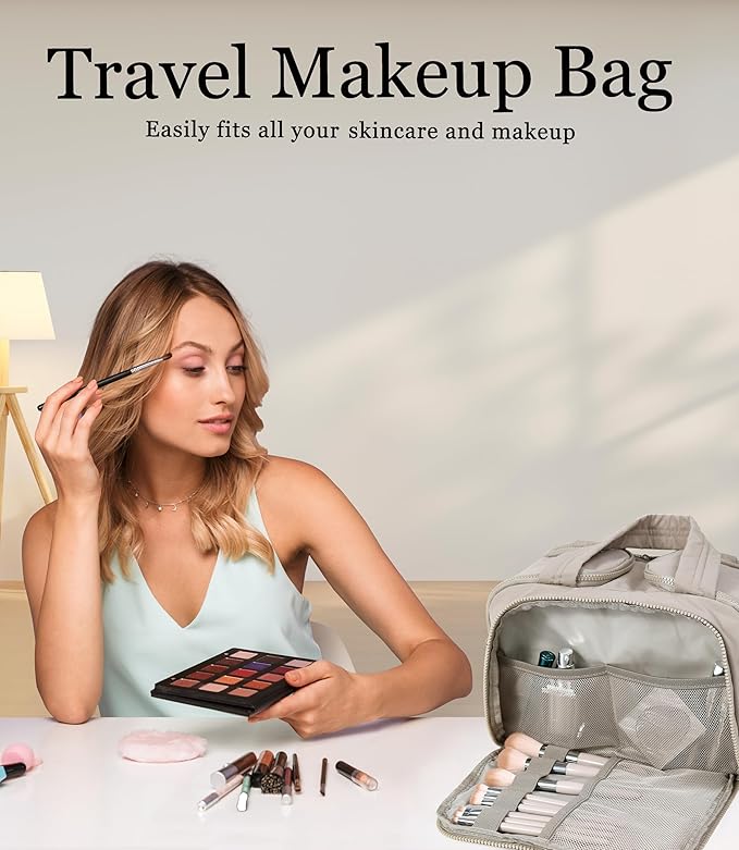 BUZFOWU Travel Toiletry Bag for Women, Large Wide-open Puffy Cosmetic Makeup Bag with Wet-Dry Separation, Multi-Pocket Organizer with Carry Handle for Toiletries, Cosmetics, Essentials, Camel