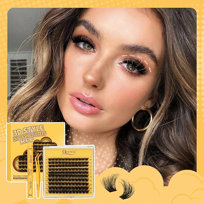 QUEWEL Lash-Clusters-Kit, DIY Lash Extension Kit 3D Effect Lash-Clusters Mix 10-18mm Eyelash Clusters with Lashes Bond and Seal Eyelash Tweezers (3D Cloud A Kit)