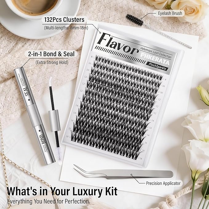 Flora Lash Clusters Kit Wispy Cluster Eyelash Extensions Natural Eyelash Clusters Kit Ultra-thin Band Individual Lashes DIY Lash Extensions with Bond and Seal Tweezers, 8-18mm, 132Pcs