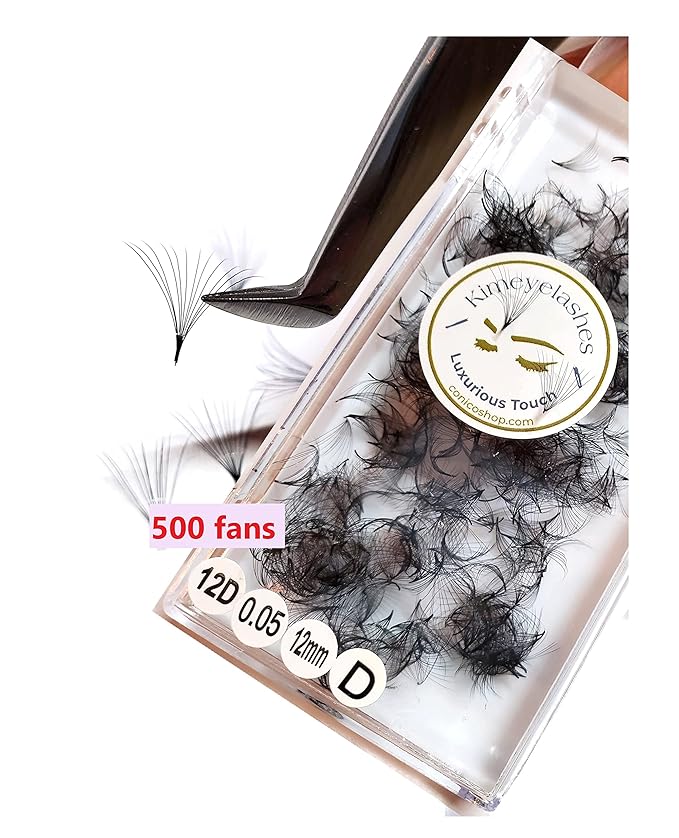 Kimeyelashes 8D 9D 10D 12D - 0.05 C and D Curl 500-1000 Premade volume fans loose Fans, Handmade eyelash extensions supplies Russian volume lash promade fan (10mm, 12D - Curl D (500 fans))